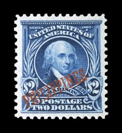 238, $2.00 Dark blue, excellent centering within especially large margins, lovely rich color and a well defined impression on bright white paper, fresh clean o.g., lightly
hinged, extremely fine and choice very few of the 695 issued can compare