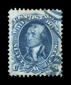 72, 90c Blue, a fabulous quality used example of this high value, being incredibly well centered amid extravagantly large margins, rich luxuriant color and a sharp detailed
impression, light blue cancel that is mostly face-free, an extremely