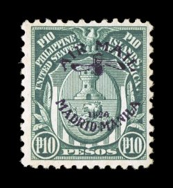 C15, 10p Deep green, with Madrid-Manila air post ovpt., deep rich color and a strong detailed impression, nicely centered, o.g., lightly hinged, a very fine example of this key
air post stamp 2006 PF certificate.