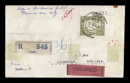 12, 1937, 10R Olive green, top right corner margin single with control no. 013, tied to registered and insured cover with wax seals of the postmaster of Aden on the reverse,
tied by AdenReg3 Aug. 37 double-circle c.d.s., posted to Palestine,