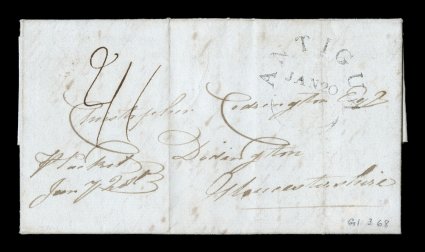 1816 AntiguaJan 20 large fleuron postmark on attractive entire folded letter to Donington in Gloucestershire, England, a nice fresh strike with all letters clear, something
that rarely occurs on this large marking, rated 21 in manuscript wi