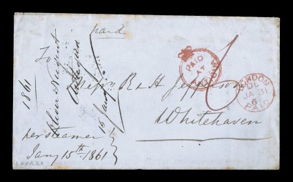 S.G. CC1, PaidatAntigua Crowned-circle red handstamp, a remarkably full and strong strike of this rare frank on 1861 cover to England, AntiguaJA 31 61 small c.d.s. on the
reverse, posted to Whitehaven and rated 6 in manuscript, red Lond
