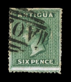 1, 1862 6p Blue green, attractive used example of this first issue, scissors separated at top to give large margins all around, something that one rarely sees on this issue,
blind perforations at top just above the label at top typical of this f