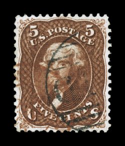 75, 5c Red brown, an eye-arresting used single, possessing the deepest and most intense color we have ever seen on this stamp, a stunning prooflike impression that is
wonderfully contrasted by the bright white paper, extraordinarily well centere