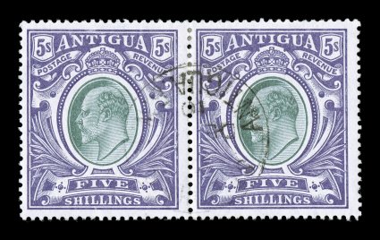 30, 1903 5- Purple and gray green on ordinary paper, an exceptionally rare used horizontal pair with light St. Johns cancel of December 1910, very well centered, fresh with
rich and attractive colors, o.g., very fine this high value is a diffi