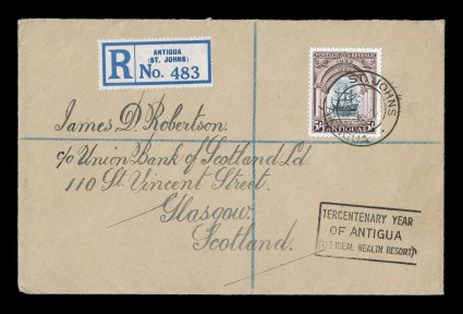 67-76, 1932 12p to 5- Tercentenary cplt., all attractive and well centered, tied to three matching registered covers to Glasgow, Scotland by St. JohnsAntiguaMR 11 1932
double-circle c.d.s., each cover with boxed Tercentenary Yearof Antig