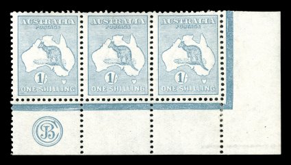 10, 1913 1- Blue green, impressive bottom right corner JBC monogram strip of three from Plate 2 (lower), distinctive Blue green color on fresh paper, quite well centered, o.g.,
lightly hinged, very fine a rare and undercataloged monogram m