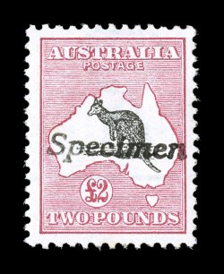 13S-15S, 1913 10- to £2 Kangaroo and Map, the first issue with wide Crown and wide A watermark, handstamped script Specimen, bright colors, o.g., fine-very fine (S.G.
14s-16s).