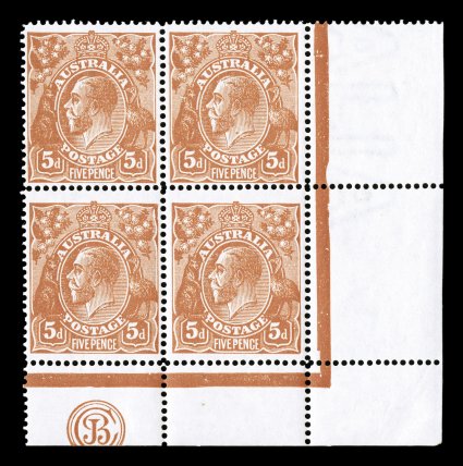 36, 5p Orange brown, Die II, attractive bottom right corner margin JBC monogram block of four, very fresh with bright color, overall quite well centered, o.g., lightly hinged
in one stamp and the top selvage, the key monogram pair shows plat