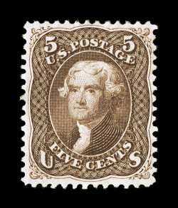 76, 5c Brown, a highly select quality mint example of this notoriously difficult stamp, being extraordinarily well centered and margined for this tightly-spaced stamp, rich
luxuriant color and an uncommonly strong impression, full o.g., lightly