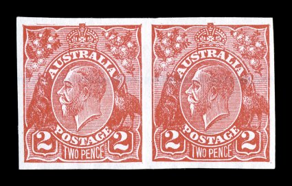 ACSC 100PP, 1930 2p Golden scarlet, Die II, imperforate plate proof from plate 2 on unwatermarked paper, wide even margins all around, brilliant color, faint vertical crease
between the two stamps and normal light blue pencil line that all have,