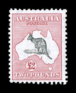 129, 1934 £2 Dull rose and black, multiple C of A wmk., fresh mint single of this key value of the last Kangaroo series, rich colors, o.g., very lightly hinged, nearly very
fine (S.G. 138 £2,250).