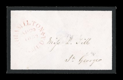 HamiltonBermudaAP 20 1853 red rimless c.d.s. on petite mourning cover to St. Georges, a light but very readable strike of this early postmark, this was the canceling device
that was used by the Hamilton postmaster to make the very rare postma