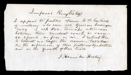 J. Henniker Heaton, Member of Parliament, autographed appeal signed, this British politician was one of the most influential forces towards the end of the 19th century in the
campaign to secure penny postage to anywhere within the British Empire,
