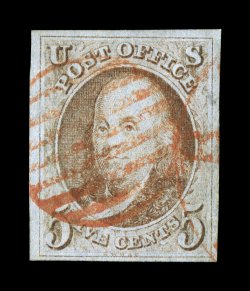 1, 5c Red brown, four full to mostly large margins, attractive color, bright red grid cancels, choice very fine 1994 PF certificate.