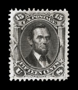 77, 15c Black, a superlative used example, being in a quality with few peers, flawlessly centered within extraordinarily large margins, strong rich color and a highly detailed
impression on fresh white paper, very lightly cancelled, which is mos