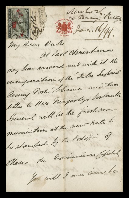 Sir William Mulock, Postmaster General of Canada, autographed letter signed, a most interesting and important historical document in relation to the Canadian 1898 2c Imperial
Penny Postage stamp, two double sheets with ms. letter encompassing sev