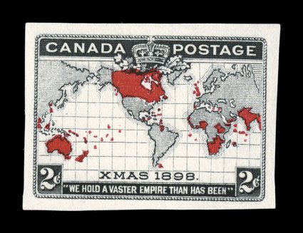 1898 2c Imperial Penny Postage, imperforate progressive plate proofs on stamp paper, plate 2-A, position 26, without gum as issued, three different including black only, black
and carmine, and black, blue and carmine as issued, each a large margi