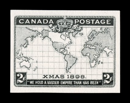 1898 2c Imperial Penny Postage, imperforate progressive plate proof on stamp paper of the black only, plate 2, position 37 having a major re-entry showing in several locations
but most apparent in the left 2 and in the bottom inscription, l