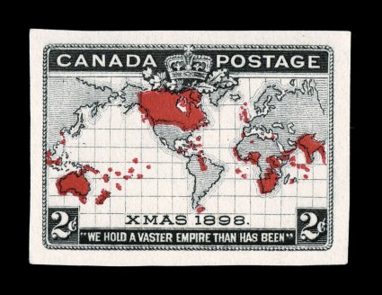 1898 2c Imperial Penny Postage, imperforate progressive plate proof on white wove stamp paper in black and carmine, plate 2-A, position 37 having a major re-entry showing in
the left 2 and in the bottom inscription and elsewhere, full large
