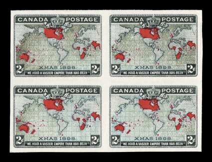 1898 2c Black, blue and carmine Imperial Penny Postage, imperforate, without gum as issued, block of four with larger even margins, blue oceans show the muddy water effect,
very fine and choice (Unitrade 86a C$1,200.00).