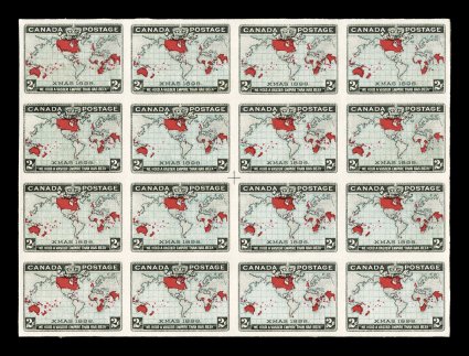 1898 2c Black, blue and carmine Imperial Penny Postage, imperforate, without gum as issue and mounted on original 18 inch cardboard, an impressive center-cross block of sixteen
from plate 5 with the crossed center lines measuring 4mm horizontall