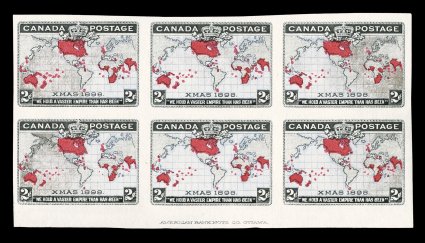 1898 2c Black, lavender and carmine Imperial Penny Postage, imperforate, without gum as issued, bottom margin American Bank Note Co. Ottawa imprint block of six, large to
extra-large margins, nice colors on white paper, the lavender is a delica