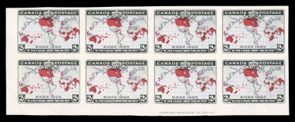 1898 2c Black, gray and carmine Imperial Penny Postage, imperforate, without gum as issued, bottom left corner American Bank Note Co. Ottawa imprint block of eight (4x2), large
margins all around, fresh with attractive colors on bright white pa