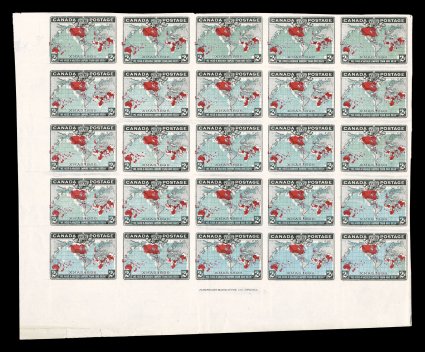 1898 2c Black, blue and carmine Imperial Penny Postage, imperforate plate proof on stamp paper in the issued colors, a full bottom left corner block of 25 being a full
quarter-sheet from the unissued plate 4, American Bank Note Co. Ottawa i