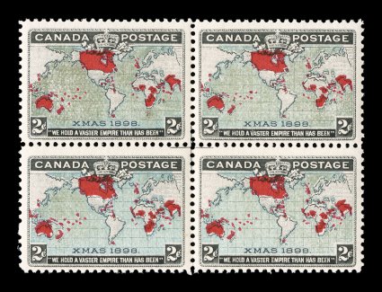 1898 2c Black, blue and carmine Imperial Penny Postage, mint center-cross block of four from plate 1 with the crossed center lines measuring 9mm horizontally and vertically,
fresh and attractive, o.g., never hinged, very fine a rare position pie