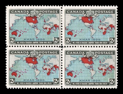 1898 2c Black, deep blue and carmine Imperial Penny Postage, mint center-cross block of four from plate 2 with the crossed center lines measuring 5mm horizontally and
vertically, strong deep colors with the oceans being in the desirable deep blue