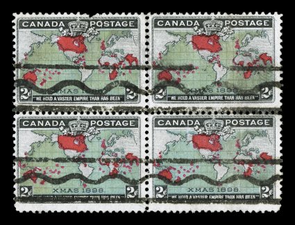 1898 2c Black, deep blue and carmine Imperial Penny Postage, block of four with horizontal Toronto pre-cancel, deep colors with blue showing a slightly muddy water effect,
light creasing to right pair and small margin nick and edge tear to