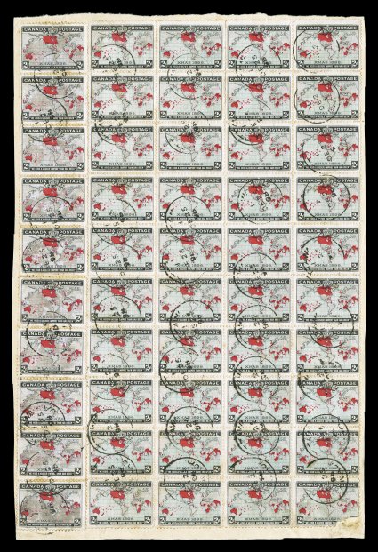 1898 2c Black, blue and carmine Imperial Penny Postage, large piece of parcel wrapper with a total of 50 stamps consisting of a block of 40 from plate 1, positions 2-592-95 and
two vertical strips of five, all tied by OttawaDE 25 98 c.d.s. be