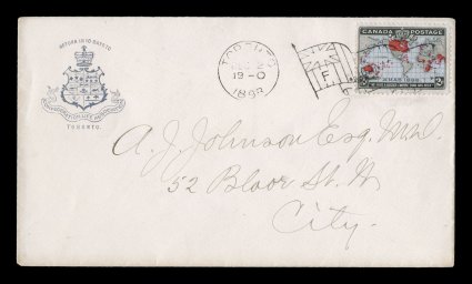 1898 2c Black, lavender and carmine Imperial Penny Postage, earliest documented usage on immaculate engraved corner card envelope of the Confederation Life Association of
Toronto, attractive single with fresh bright colors of the first printing t