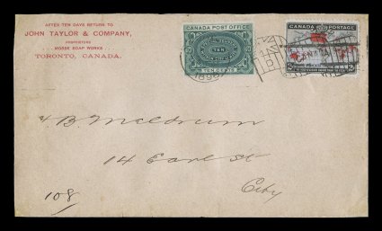 1898 2c Black, lavender and carmine Imperial Penny Postage, first day cover, a corner card cover of John Taylor & Company of Toronto, posted for local special delivery with 10c
Green First Special Delivery issue, both stamps tied by Toronto