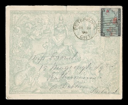 1898 2c Black, blue and carmine Imperial Penny Postage on Mulready type cover used on Christmas day, the first day of the 2c Imperial Penny Postage rate to Dublin, Ireland,
proper single franking tied by PeterboroOnt.DE 25 98 duplex, back