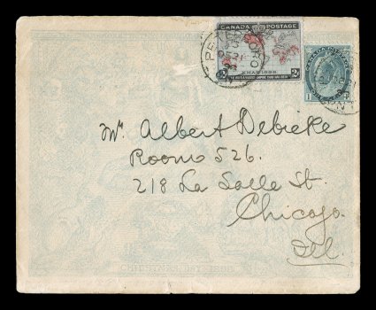 1898 2c Black, blue and carmine Imperial Penny Postage on Mulready type cover, single along with 1c Gray green Numeral, each tied by PeterboroOnt.DE 21 98 c.d.s., posted to
Chicago with machine backstamp reading Mail DelayedTrain Late, e
