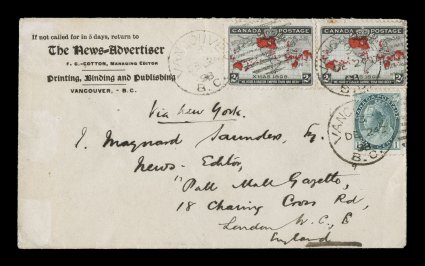 1898 2c Black, blue and carmine Imperial Penny Postage, horizontal pair with pale blue oceans plus 1c Gray green Numeral (Unitrade 75) tied to attractive corner card cover of
The News-Advertiser of Vancouver, stamps tied by VancouverB.C.DE