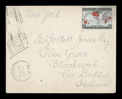 1898 2c Black, blue and carmine Imperial Penny Postage, Christmas first day cover of the Imperial Penny Postage, an attractive and clean cover to Ireland, bearing a fresh
single with light blue oceans tied by circular grid, at left (the cover
