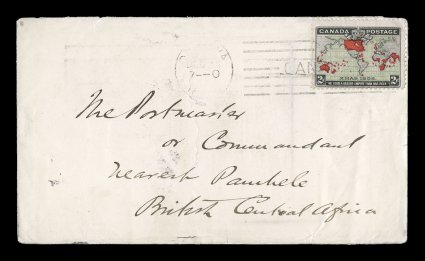 1898 2c Black, blue and carmine Imperial Penny Postage, Christmas first day cover of the Imperial Penny Postage, a Latchford cover to British Central Africa, addressed to the
Postmaster or Commandant nearest Parmhele, fresh single with typica