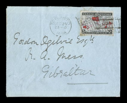 1898 2c Black, lavender and carmine Imperial Penny Postage, Christmas first day cover of the Imperial Penny Postage, a well centered single with slight perf. toning tied to
light blue cover to Gibraltar by TorontoDec 25 1898 flag machine c