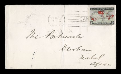 1898 2c Black, blue and carmine Imperial Penny Postage, Christmas first day cover of the Imperial Penny Postage, a Latchford cover to Natal with single tied by OttawaDec 25
1898 machine cancel, London transit, backstamped Durban, stamp wit