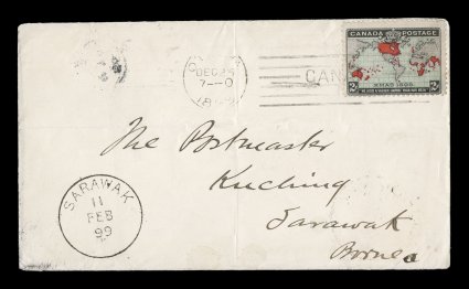 1898 2c Black, blue and carmine Imperial Penny Postage, Christmas first day cover of the Imperial Penny Postage, a Latchford cover to Sarawak with attractive single with normal
just fine centering of his covers, tied by OttawaDec 25 1898 m