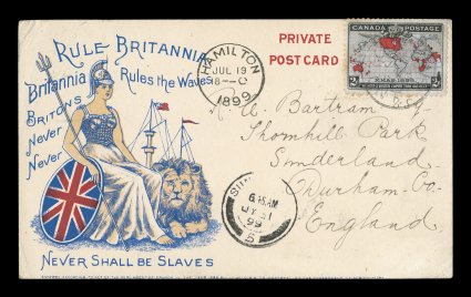 1898 2c Black, lavender and carmine Imperial Penny Postage, a similar multicolor Britannia Rules the Waves post card to England, this one with the single 2c paying the proper
2c U.P.U. post card rate, written on board the S.S. Athabasca on La