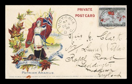 1898 2c Black, blue and carmine Imperial Penny Postage, pretty single tied to lovely post card with gorgeous multicolor patriotic design inscribed The Maple Leaf For Ever and
Patrium Amamus (our love of home land), stamp tied by VictoriaB.C
