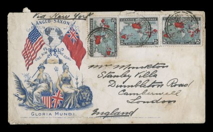 1898 2c Black, deep blue and carmine Imperial Penny Postage, three singles tied to triple rate multicolor illustrated patriotic cover to London, illustration shows the Union
Jack and American flag with seated Liberty and Britannia, stamps tie