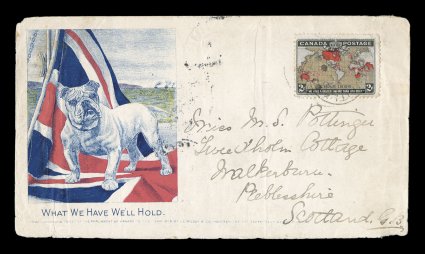 1898 2c Black, lavender and carmine Imperial Penny Postage, single with strong muddy water affect making the oceans a uniform brown color, tied by Port MaitlandN.S.JY 16 00
c.d.s. to front and back patriotic cover with British Flag and Bull