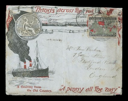 1898 2c Black, blue and carmine Imperial Penny Postage, single paying the 2c empire rate on ornately illustrated 1899 cover commemorating the Imperial Penny Postage scheme,
posted to England with stamp tied by MontrealMar 9 1899 flag machine c