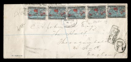 1898 2c Black, deep blue and carmine Imperial Penny Postage, impressive sole franking of five singles, tied to legal size double rate registered cover to England (4c postage +
5c registration fee and 1c overpaid) by Ottawa roller cancel, Registe