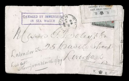 1898 2c Black, blue and carmine Imperial Penny Postage, an exceptionally interesting pair of 2c Map covers salvaged from the wreck of the S.S. Labrador that foundered off the
coast of Scotland on March 1, 1899, one cover posted from Winnipeg to